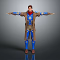 Fantasy Character In Blue Brown Mechanical Armor With Creature Inspired Design Arms Outstretched