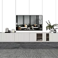 Modern White TV Stand Design With Drawers Cabinets TV Green Plant Vase And Striped Rug