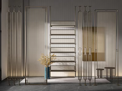 Modern Metal Room Dividers With Perforated Panels And Decorative Vase In Interior Space 3d model