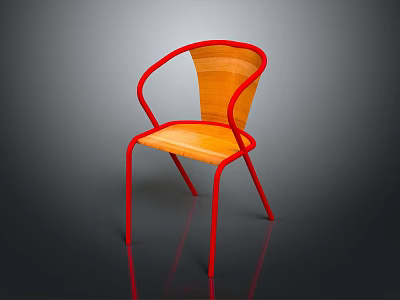 Modern Wooden Chair With Red Metal Frame And Curved Backrest 3d model