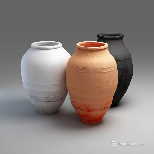 Three Ceramic Vases in White Terracotta Black with Urn Shaped Design and Textured Surfaces 3d model 