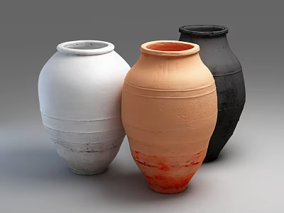 Three Ceramic Vases in White Terracotta Black with Urn Shaped Design and Textured Surfaces 3d model