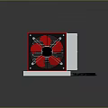 Red Cased Electronic Appliance With Black Fan Blades Power Cord And Safety Labels