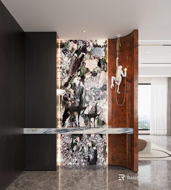 Modern Entryway With Marble Countertop Artistic Wall Decor And Pendant Light 3d model 