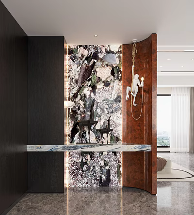 Modern Entryway With Marble Countertop Artistic Wall Decor And Pendant Light 3d model
