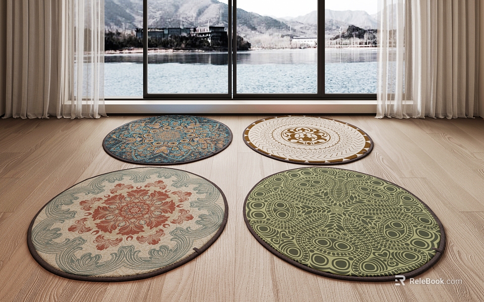 Round Carpets With Various Patterns And Colors On Wooden Floor By Lake View Windows 3d model 