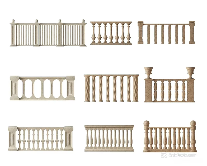 Various Decorative Stone Railings Featuring Different Baluster Designs And Classic Styles 3d model