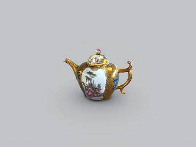 Exquisite Golden Teapot With Painted Scenes And Decorative Lid Design 3d model