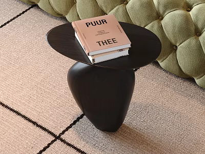 Modern Black Side Table With Stacked Books On Light Carpet Near Green Sofa 3d model