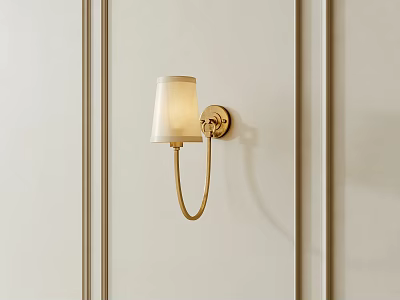 Elegant Golden Wall Lamp Mounted On Vertical Paneled Light Beige Wall With White Lampshade 3d model