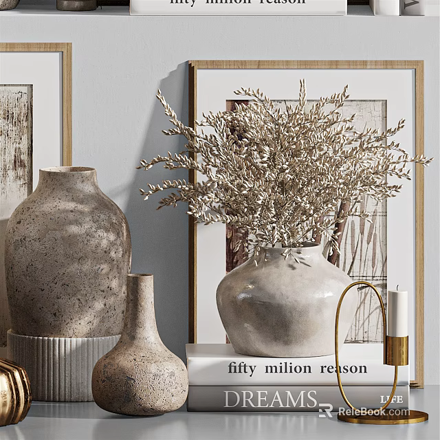 Elegant Decorative Ornament Set With Ceramic Vases Dried Plants Framed Artwork And Candle 3d model 