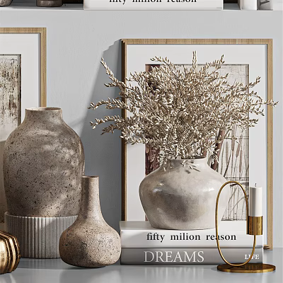 Elegant Decorative Ornament Set With Ceramic Vases Dried Plants Framed Artwork And Candle 3d model