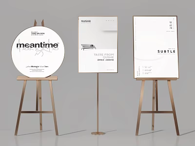 Various Modern Poster Designs On Gold Easels With Minimal Typography And Subtle Branding 3d model