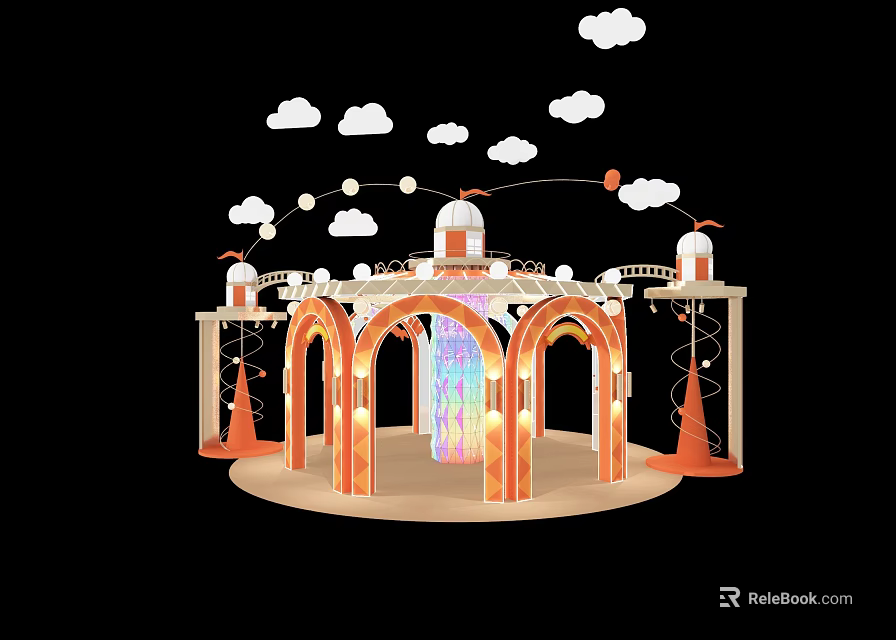 Enchanting Decorative Installation With Arched Design Clouds And Tower Elements 3d model