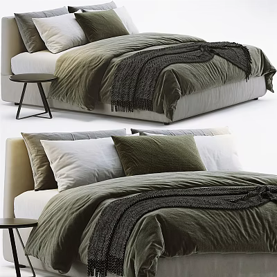 Modern Double Bed With Olive Green Velvet Bedding White Pillows And Wooden Side Table 3d model