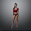 Woman in red top and dark lingerie posing with high heels on gray background