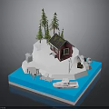 Red House With Solar Panel On Snowy Island Surrounded By Pine Trees Small Boat And Water