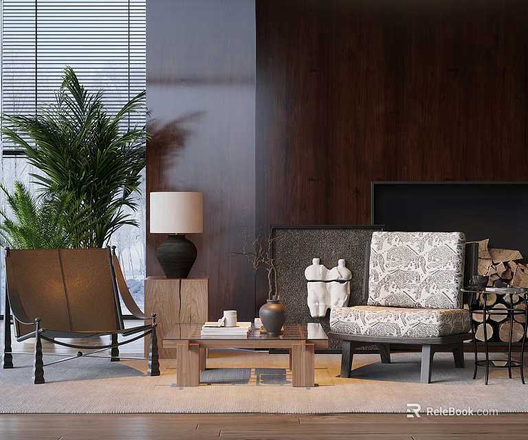 Modern Living Room Interior Featuring Stylish Leisure Chairs Wooden Wall Green Plant And Coffee Table 3d model 
