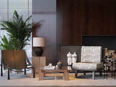 Modern Living Room Interior Featuring Stylish Leisure Chairs Wooden Wall Green Plant And Coffee Table 3d model