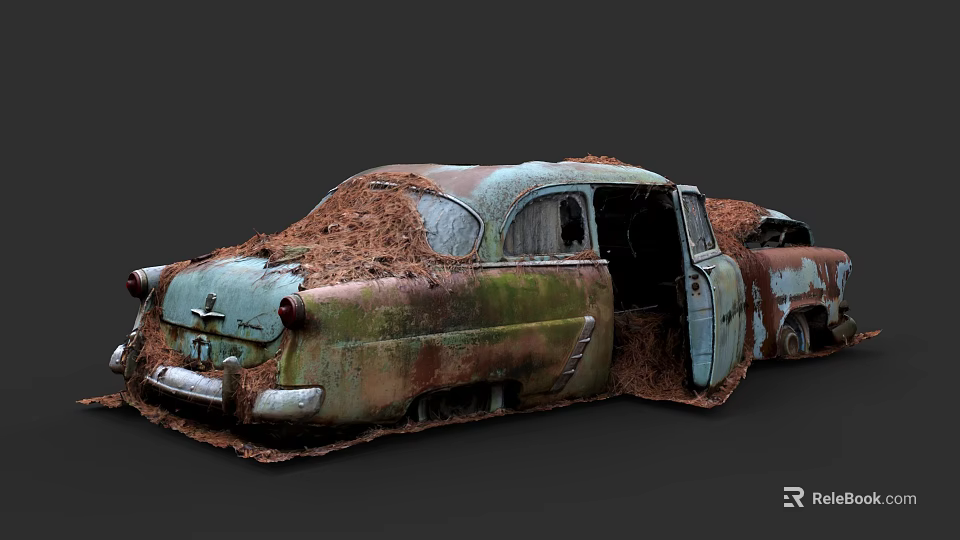 Rusted Old Vintage Car Covered With Dirt And Open Door Exterior 3d model 