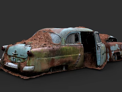 Rusted Old Vintage Car Covered With Dirt And Open Door Exterior 3d model