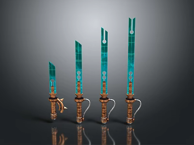 Four Stylish Swords With Blue Green Grid Pattern Blades And Brown Metal Hilts 3d model
