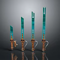 Four Stylish Swords With Blue Green Grid Pattern Blades And Brown Metal Hilts