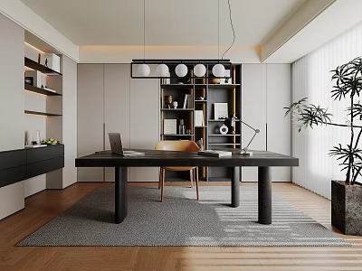 Modern Home Office With Black Wooden Desk Laptop Bookshelf Pendant Lights And Green Plant 3d model