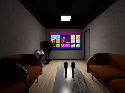 KTV Room Interior With Brown Sofas Marble Coffee Table Microphones And Large Screen 3d model