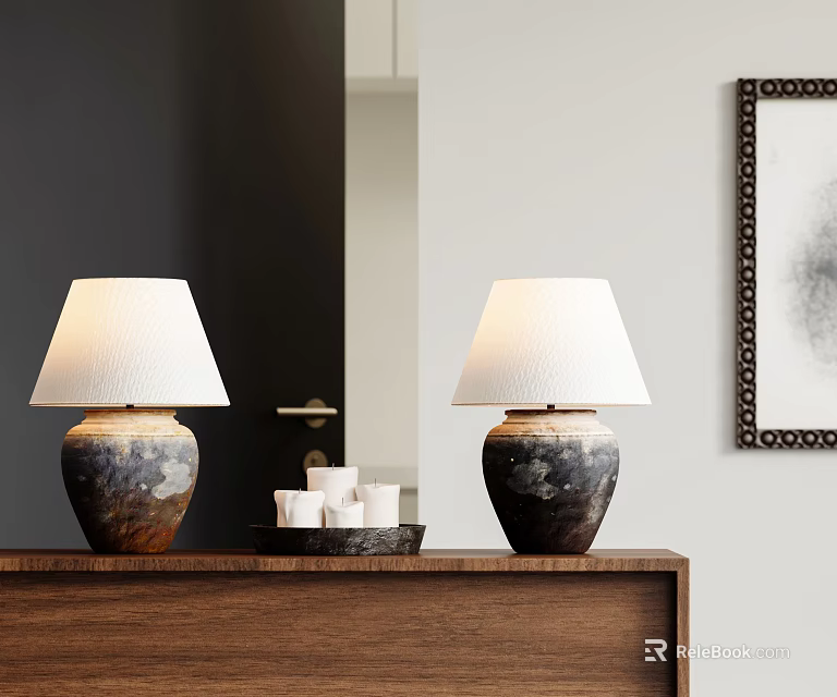 Two Stylish Table Lamps With White Lampshades And Textured Bases On Wooden Cabinet 3d model 