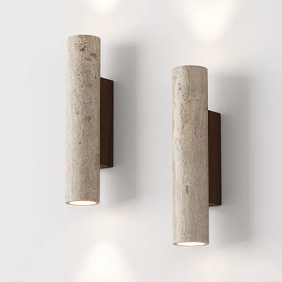 Two Cylindrical Textured Stone Wall Lamps Mounted on White Wall with Warm Illuminated Light 3d model