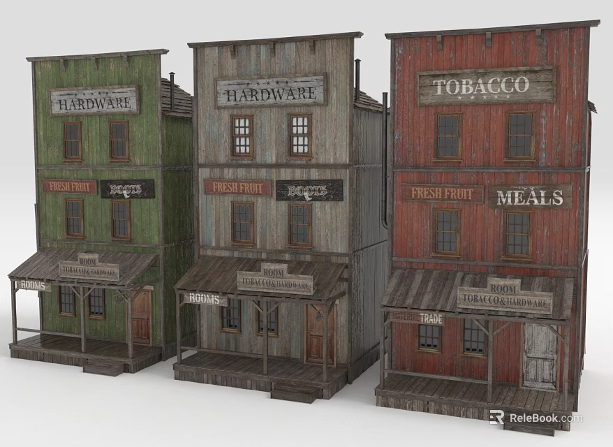 Old Western Style Wooden Storefront Buildings with News Hardware Tobacco Signs 3d model 