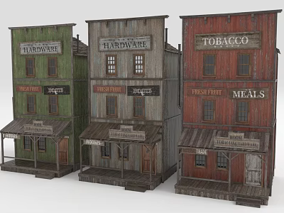Old Western Style Wooden Storefront Buildings with News Hardware Tobacco Signs 3d model