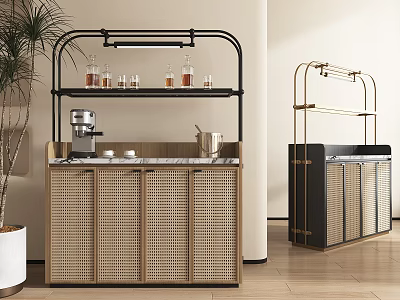 Elegant Modern Wine Cabinet Featuring Black Metal Frame Marble Countertop And Rattan Doors 3d model