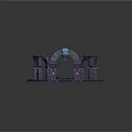 Cartoon Style Mystical Circular Platform With Arched Stone Pillars And Glowing Purple Blue Lights
