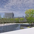 Modern Outdoor Pergola With Metal Frame Shade Structure Near Trees Water Surface And Modern Buildings