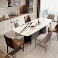 Modern Kitchen Dining Table Set With White Marble Top Brown Beige Chairs And Cabinets Plant