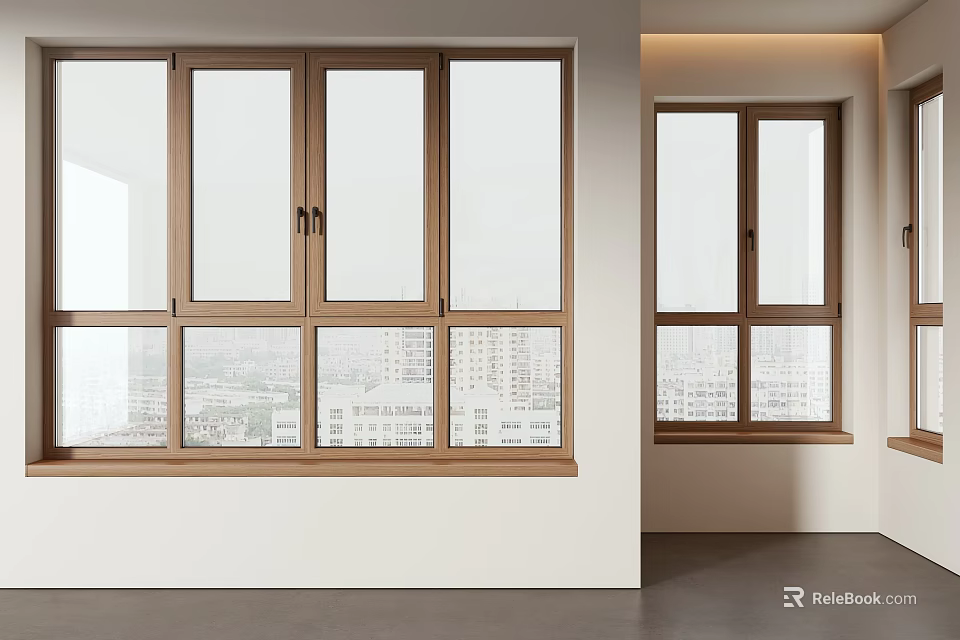 Modern Interior Design With Wooden Frame Casement Windows And Clear Glass 3d model 