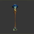 Mushroom Shaped Wooden Lamp Post With Blue Cap Yellow Spots Glowing Particles And Green Grass