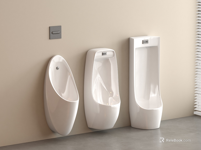 Three White Modern Urinals Mounted On Beige Wall With Sensor Panel And Gray Floor 3d model 