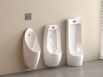 Three White Modern Urinals Mounted On Beige Wall With Sensor Panel And Gray Floor 3d model