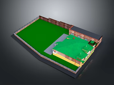 Residential Gate Featuring Brick Wall Green Lawn And Yellow Building In Yard 3d model