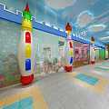 Colorful Kids Clothing Store Interior With Train Design Arched Windows And Bright Floor Tiles