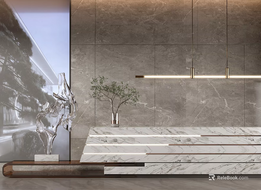 Modern Reception Desk Design With Marble Countertop Wall Panel Sculpture And Hanging Lights 3d model 