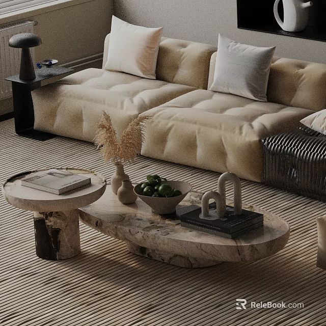 Modern Beige Sofa and Marble Coffee Table with Cushions Decorative Vase Fruit Bowl and Books 3d model 