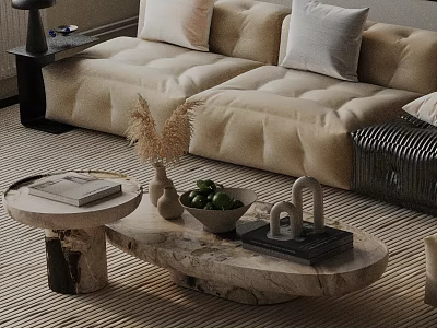 Modern Beige Sofa and Marble Coffee Table with Cushions Decorative Vase Fruit Bowl and Books 3d model