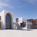 Modern Commercial Street With Red Brick Buildings Arched Windows Glass Doors And Trees