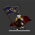 Man In Golden Armor Holding Blue Flag With Yellow Lion And Red Cape