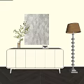 White Entryway Console Cabinet With Floor Lamp Decorative Painting And Potted Plants