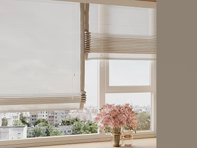 White Roller Blinds on Window with City View Green Plants and Pink Flowers 3d model